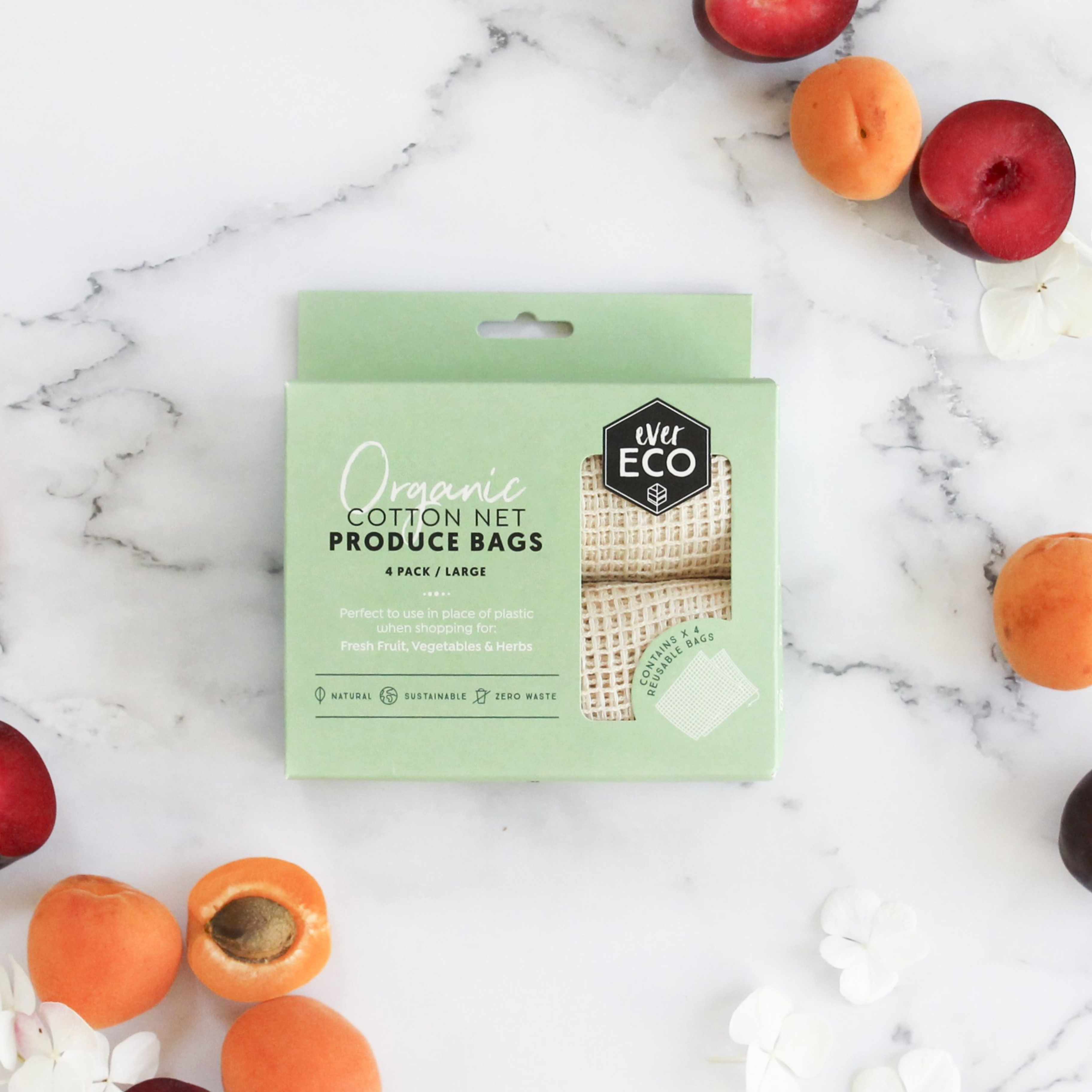 Organic Cotton Net Produce Bags - 4 Pack