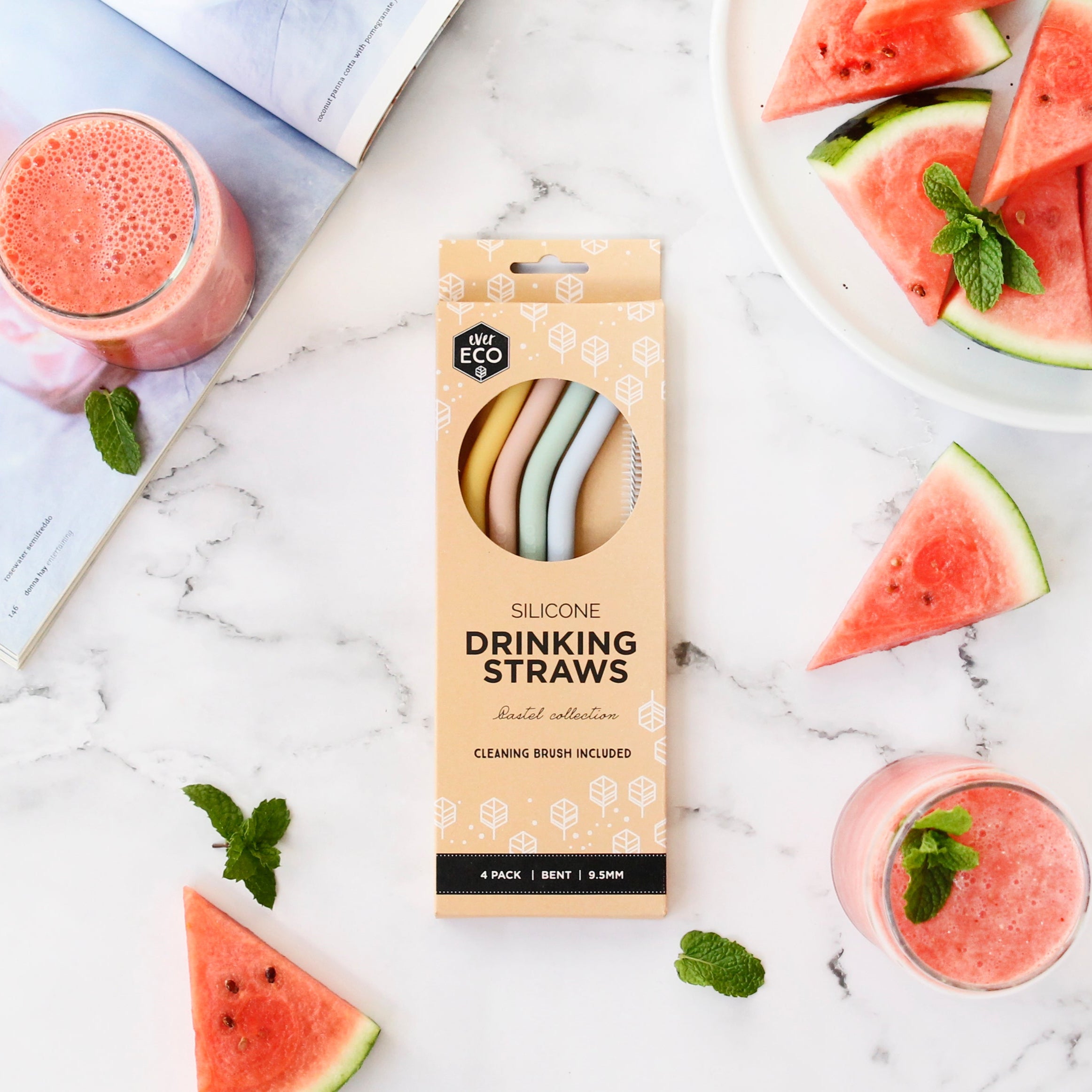 Silicone Straws Spring Pastels Bent - 4 Pack